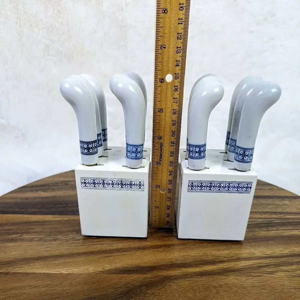 Vintage Blue & White Ceramic Handle 12 Spreader Knives w/ Wood Block, Taiwan